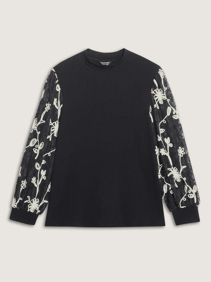 Floral Embroidered Lace Mock Neck Knit Top