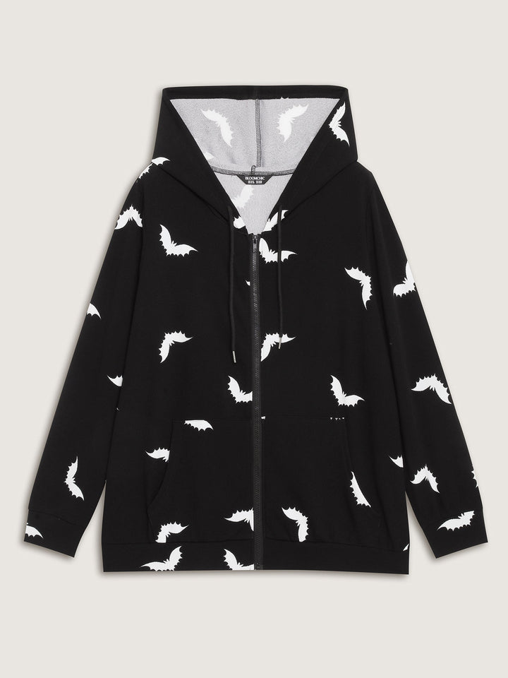 Bat Print Stretchy Textured Zipper Hoodie