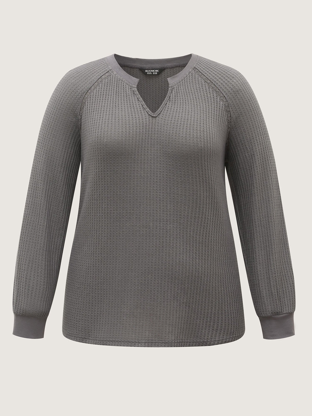 Waffle Grid Notched Collar Lace Sweatshirt