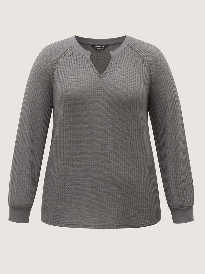 Waffle Grid Notched Collar Lace Sweatshirt