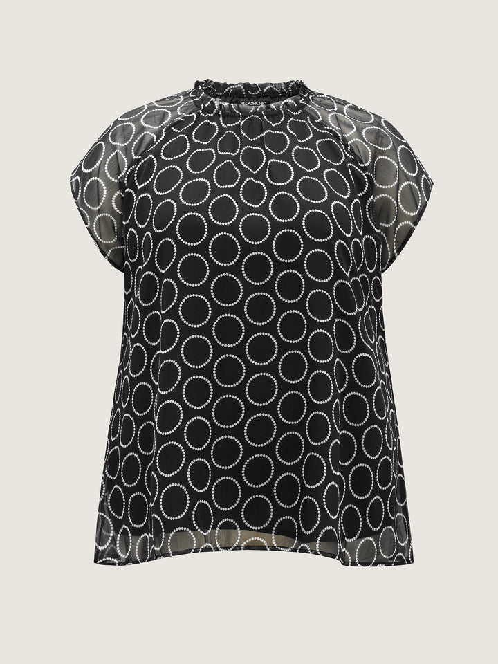 Polka Dot Mock Neck Mesh Patchwork Blouse