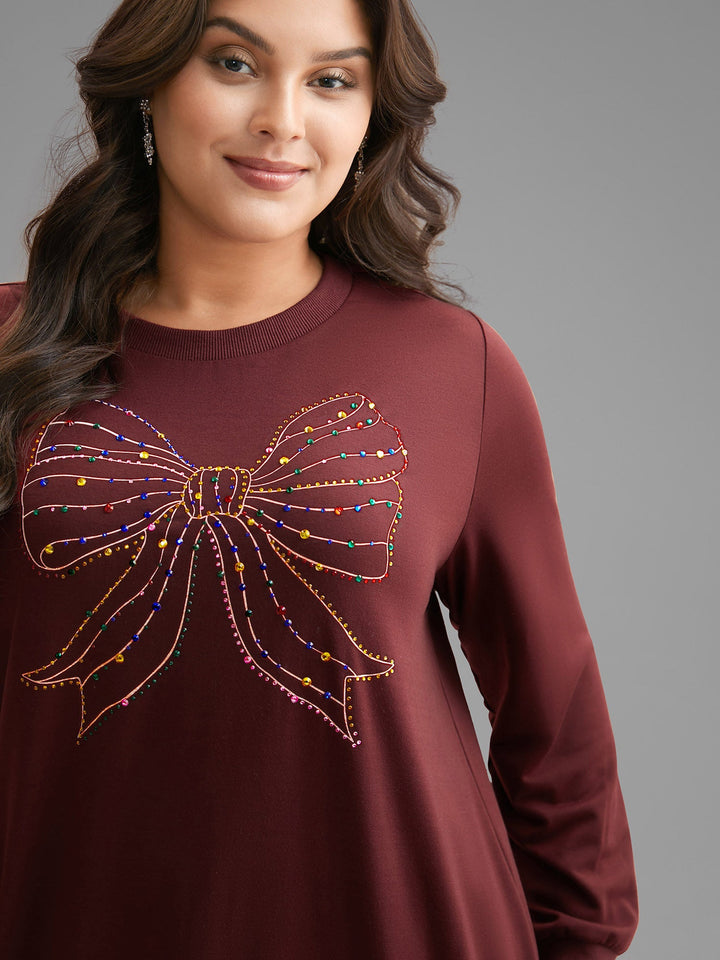 Rhinestone Embellished Bow Straight-Fit Sweatshirt