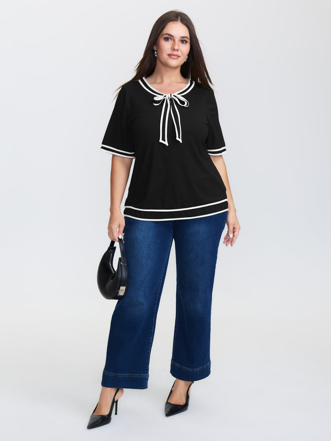 Supersoft Sailor Neck-Tie Contrast Knit Top