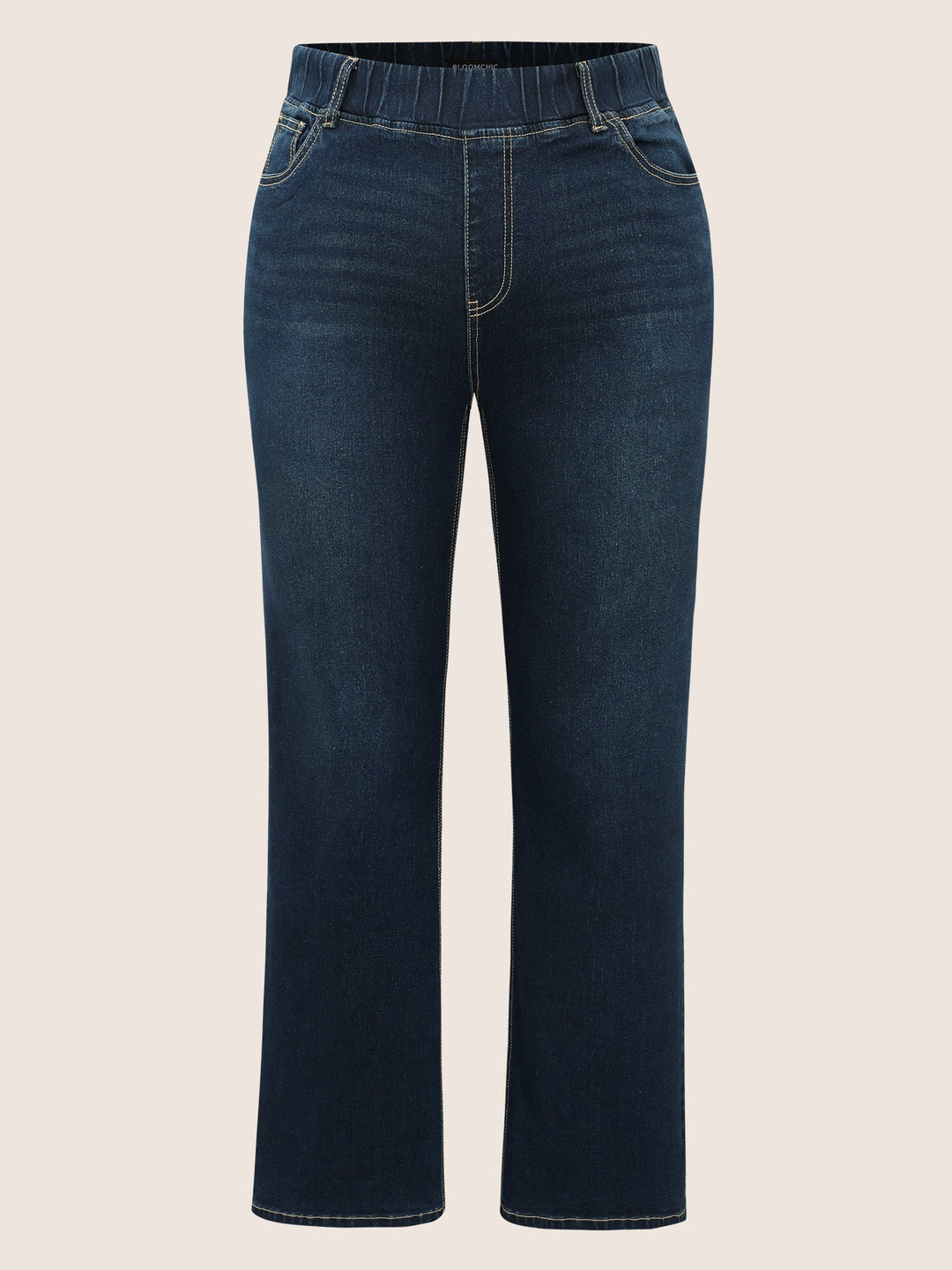 Solid Elastic Waist Pocket Full Length Jeans