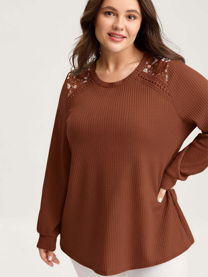 Waffle Spliced Floral Lace Sweatshirt