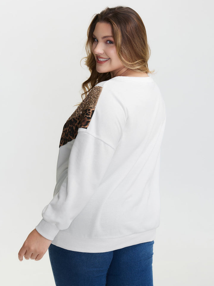 Leopard Print Sequin Contrast Sweatshirt