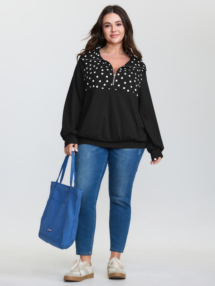 Stretchy Polka Dots Half-Zipper Sweatshirt
