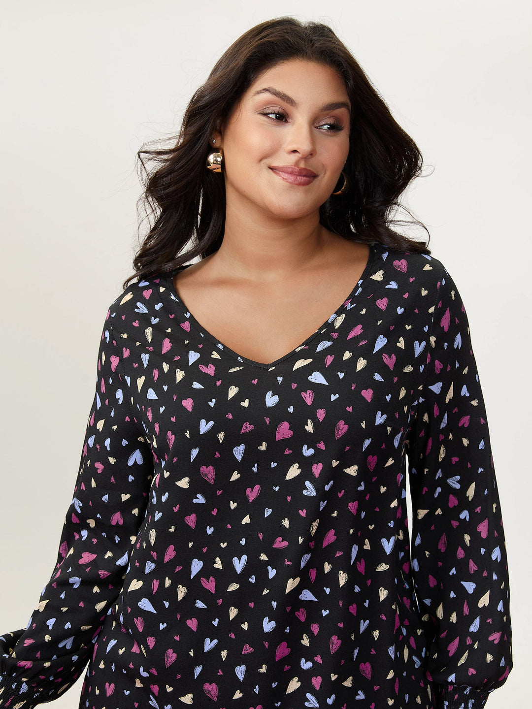 Colorful Heart Print V-Neck Blouse
