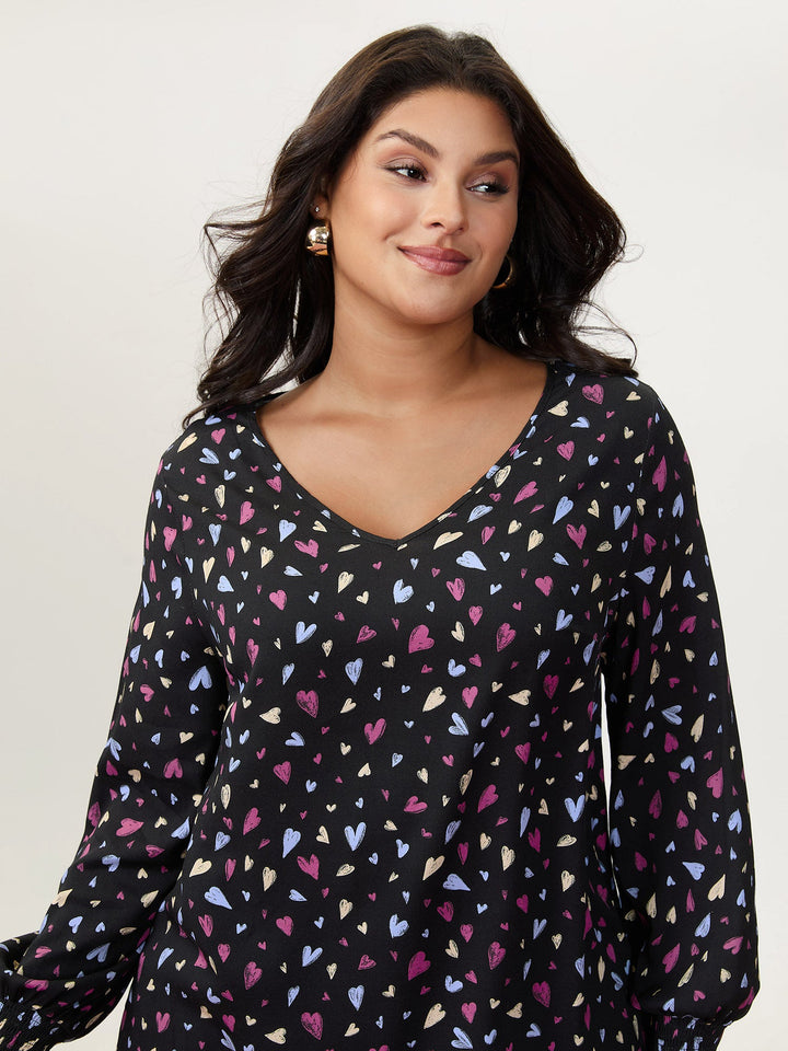 Colorful Heart Print V-Neck Blouse