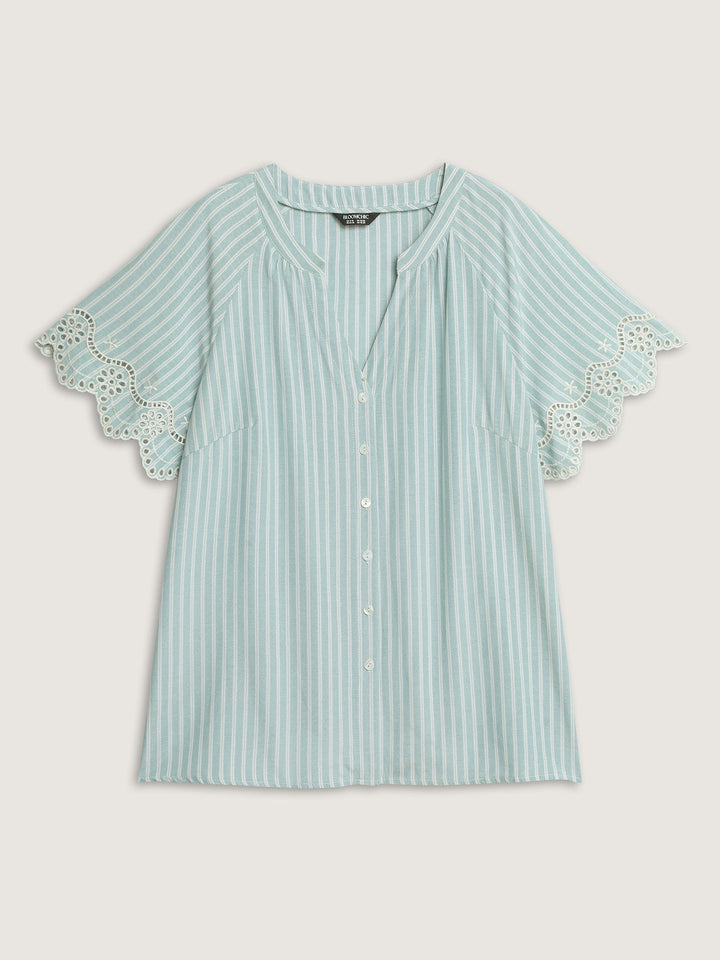 Striped Cut-Out Embroidery Blouse