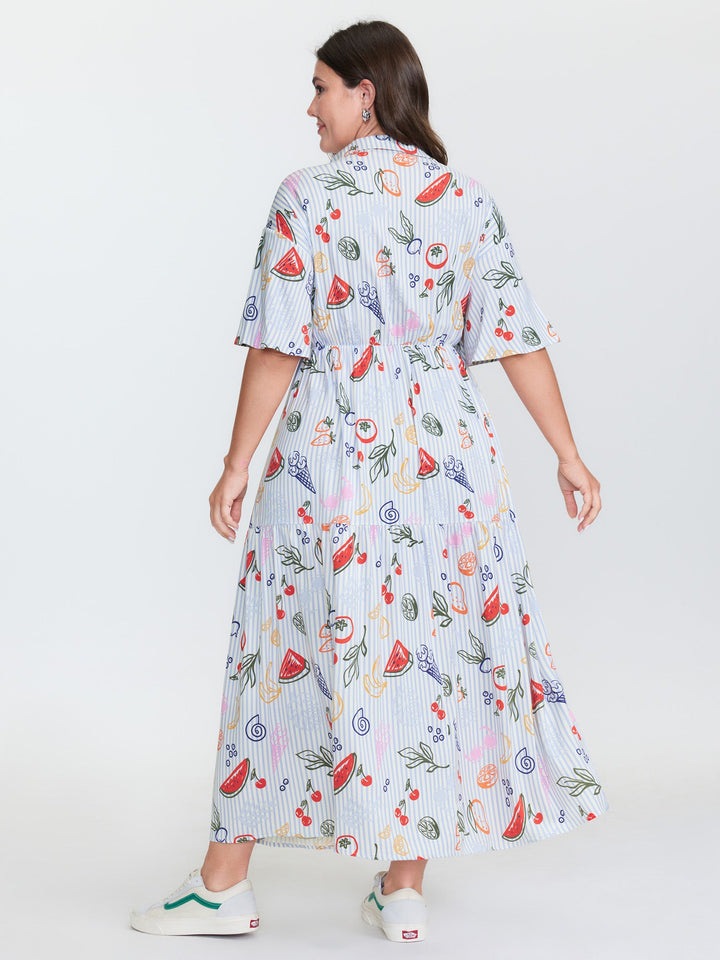 Supersoft Fruity Print Collar Tiered Maxi Dress