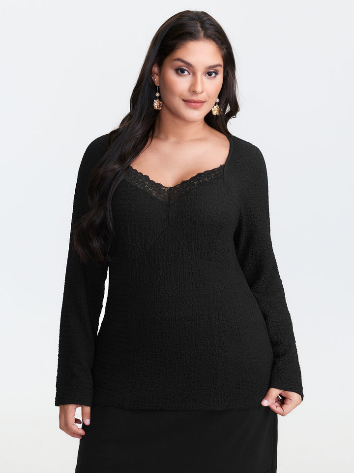 Stretchy Textured Lace Trim Fitted Knit Top