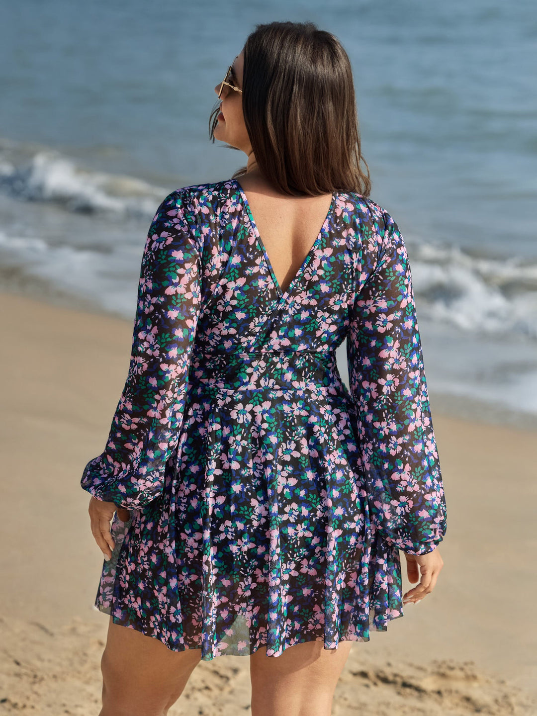 Floral Print Long Sleeve Layered Swim Dress