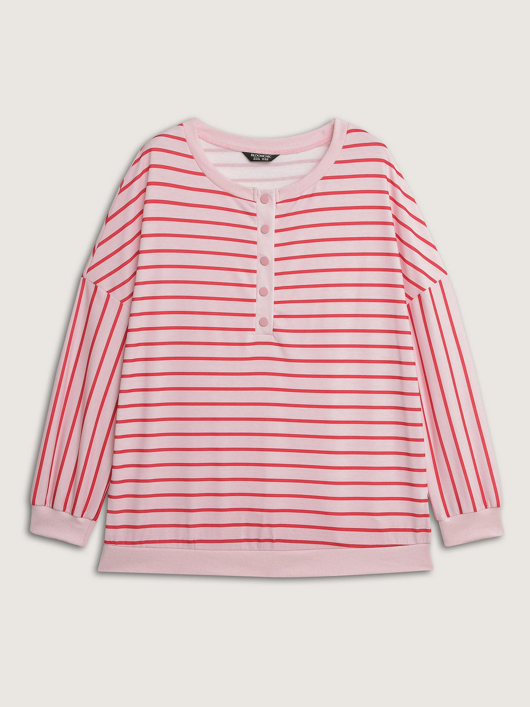 Stripe Snap Button Round Neck Sweatshirt