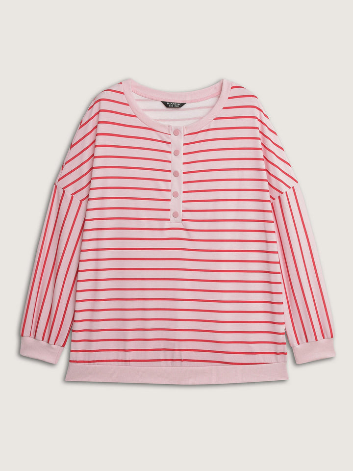 Stripe Snap Button Round Neck Sweatshirt