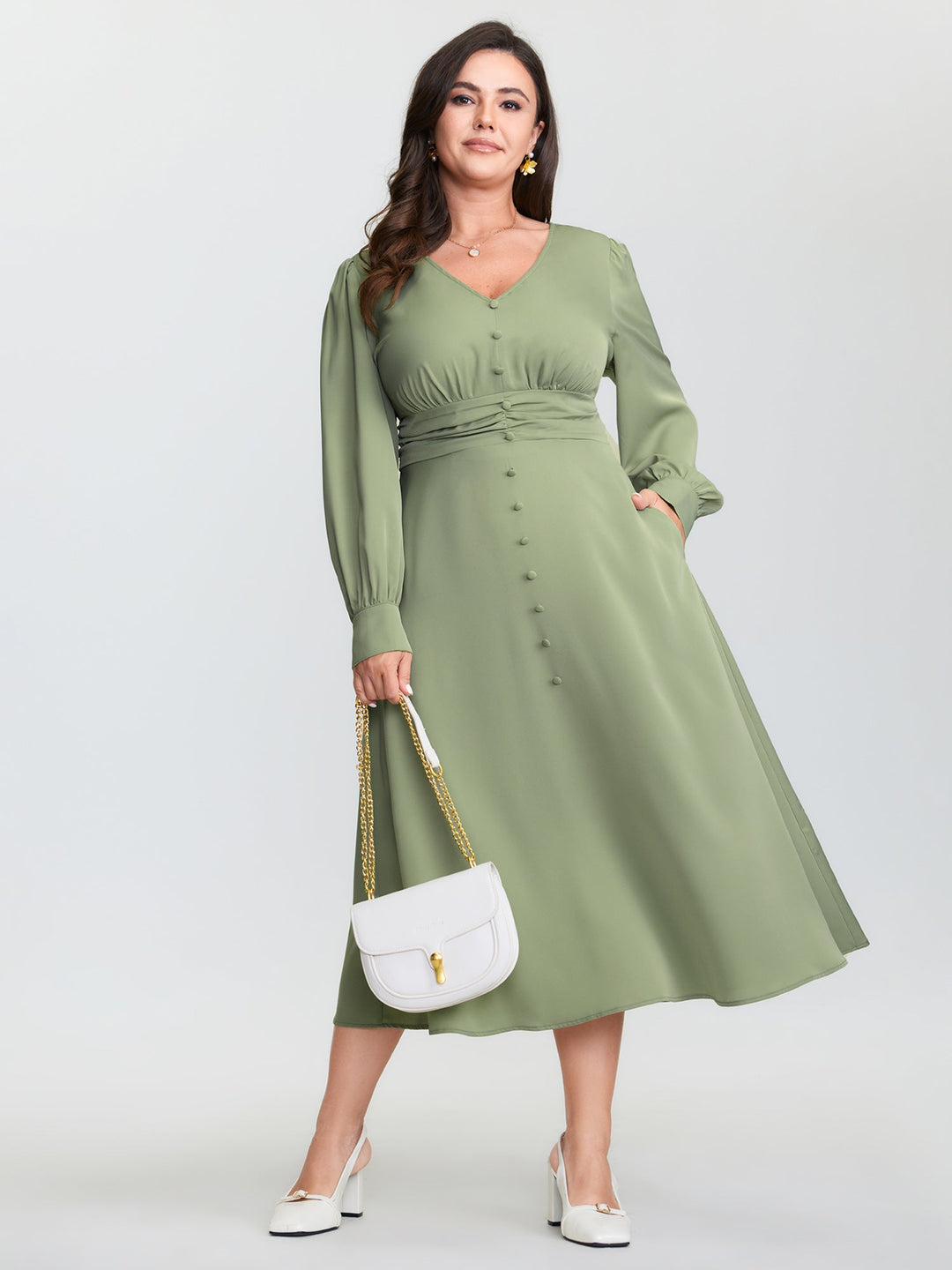 Pleated Waist Deep V-Neck Midi Dress