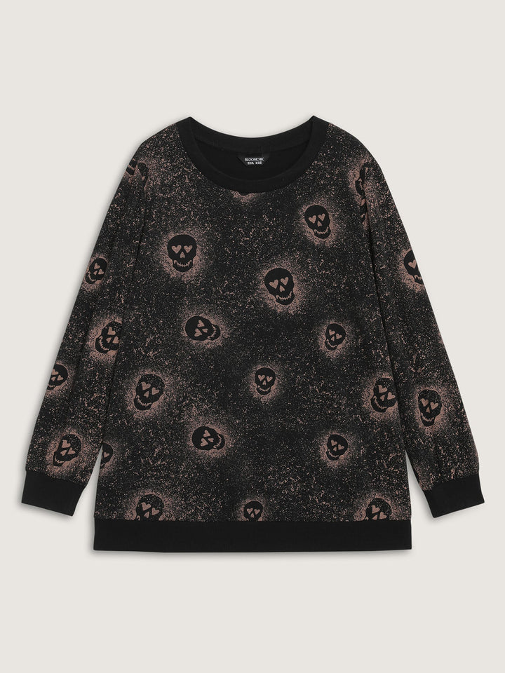 Spooky Skull Print Ribbed Hem Sweatshirt