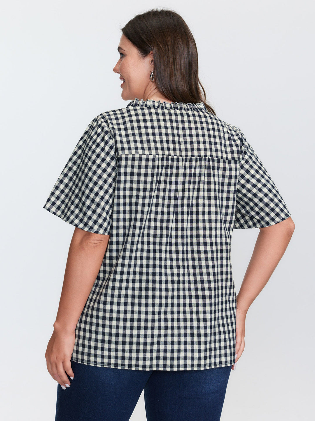 Checkered Drawstring Neckline Blouse