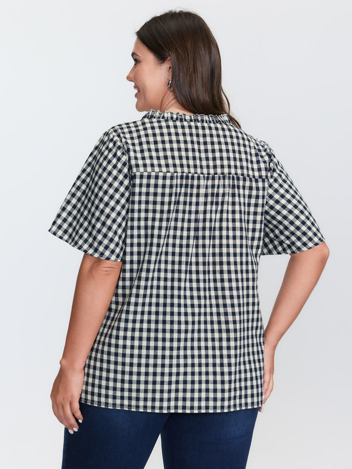 Checkered Drawstring Neckline Blouse