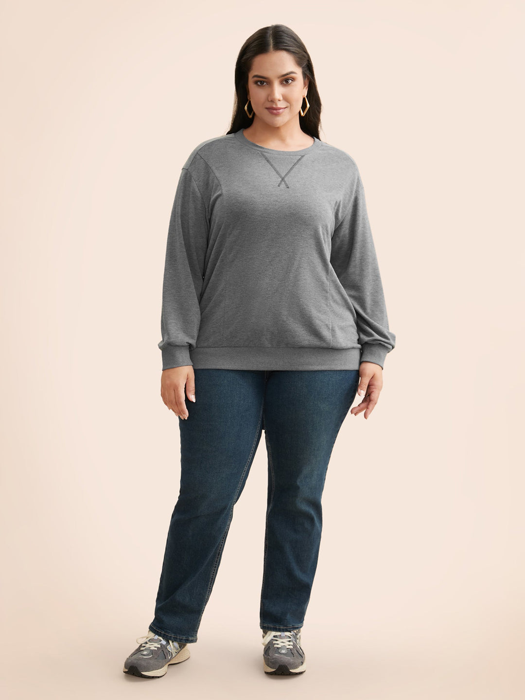 Round Neck Stitch Slightly Stretchy Sweatshirt