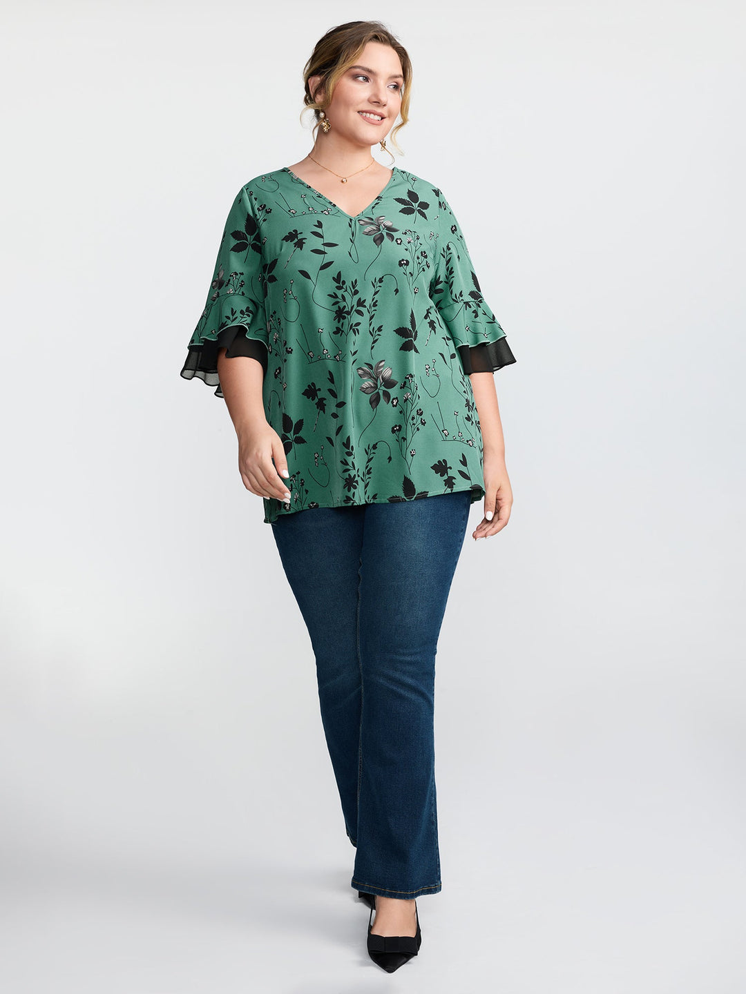 Floral Print Ruffled V-Neck Shirt