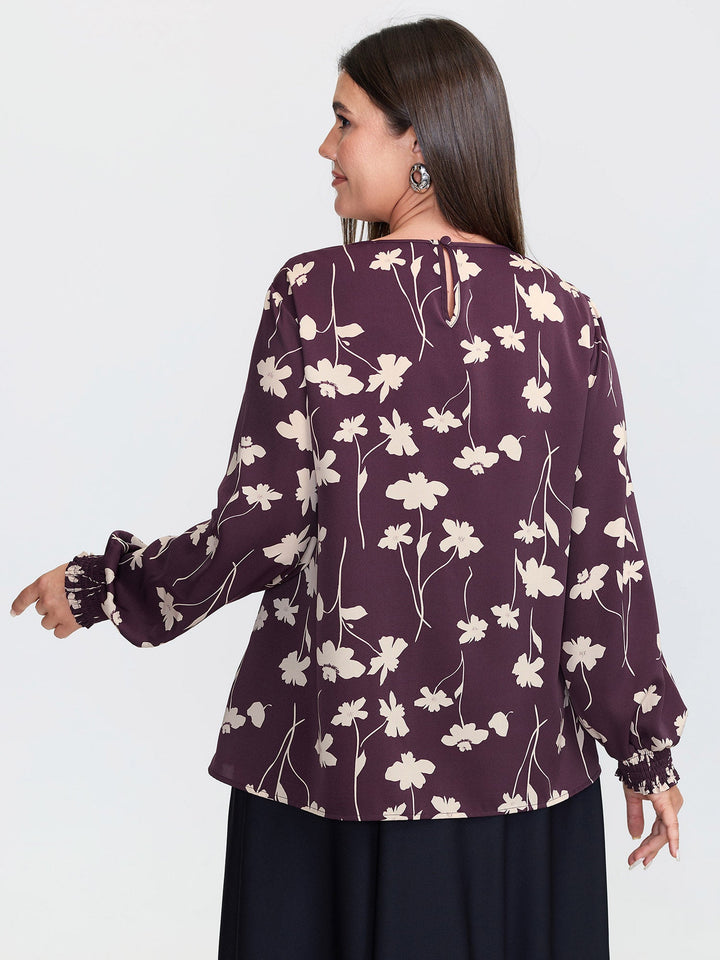 Floral Print Shirred Cuff Sleeve Blouse