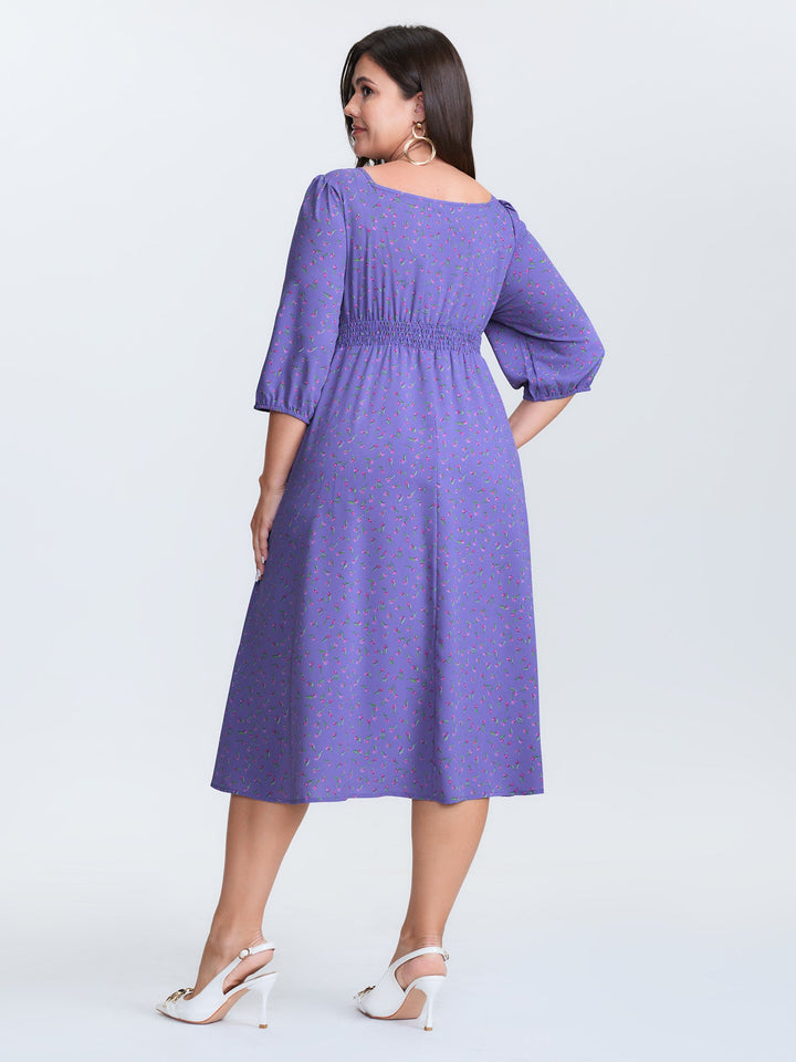 Ditsy Floral Sweetheart Neck Shirred Waist Midi Dress