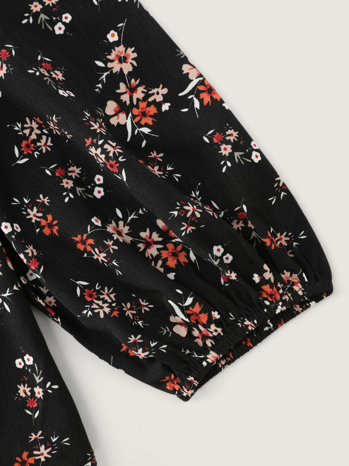 Floral Print Lace Cinched-Flared Blouse