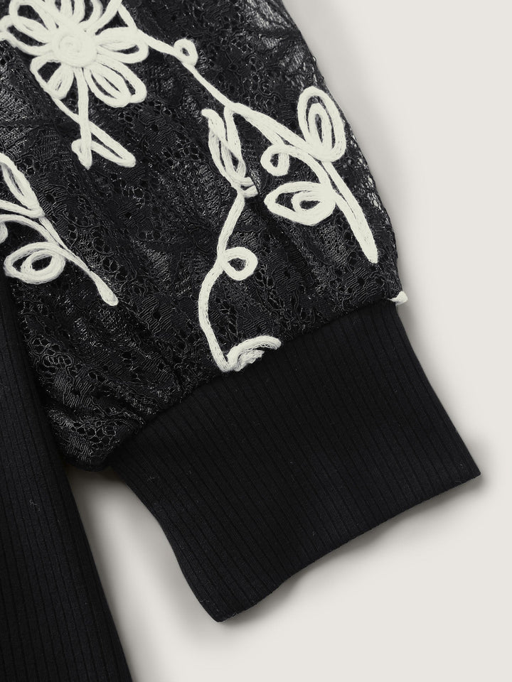Floral Embroidered Lace Mock Neck Knit Top