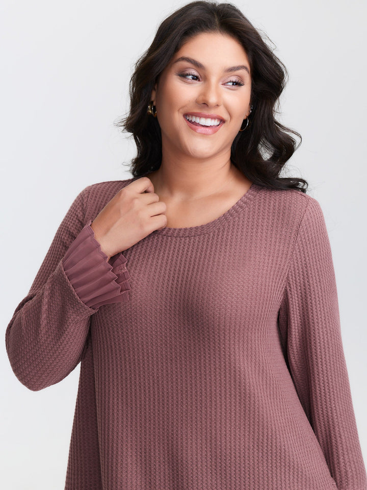 Waffle Chiffon Hem Crew Neck Top