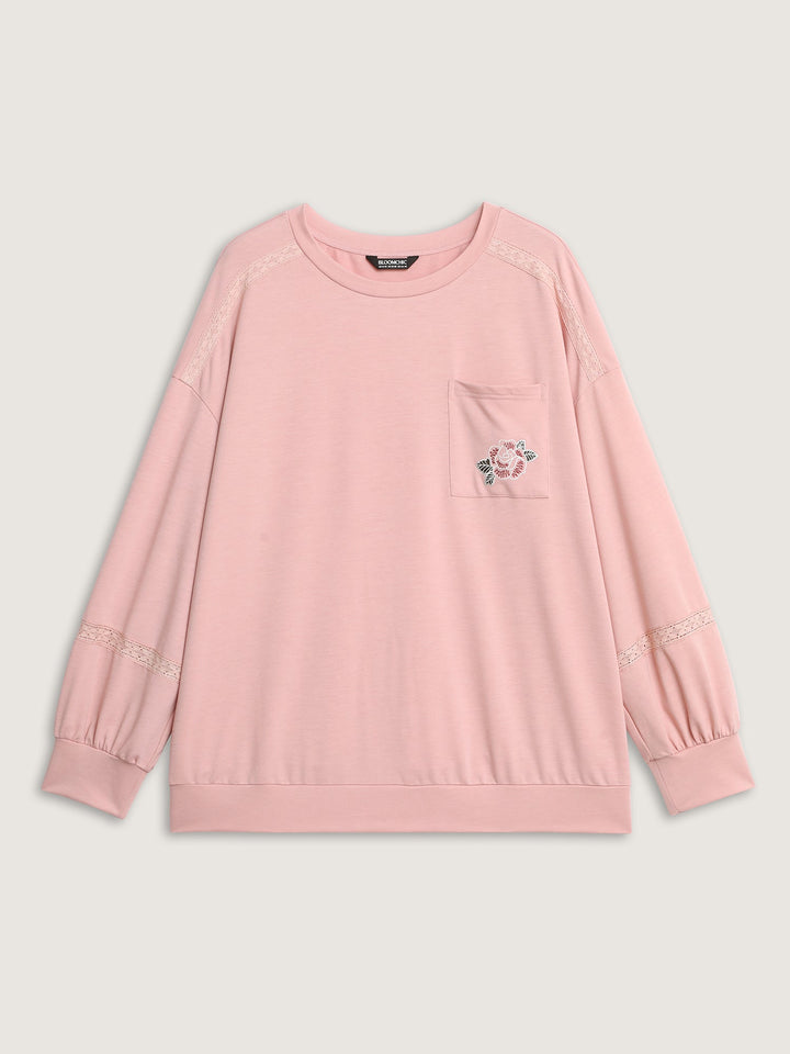 Floral Embroidery Lace Trim Sweatshirt