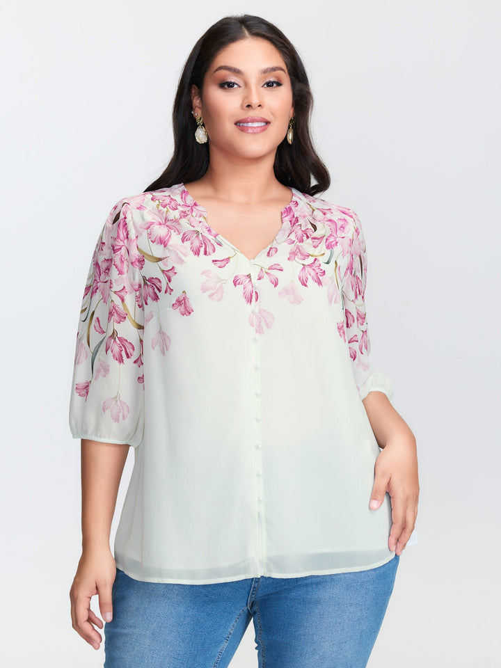 Floral Print Layered Notched Collar Blouse