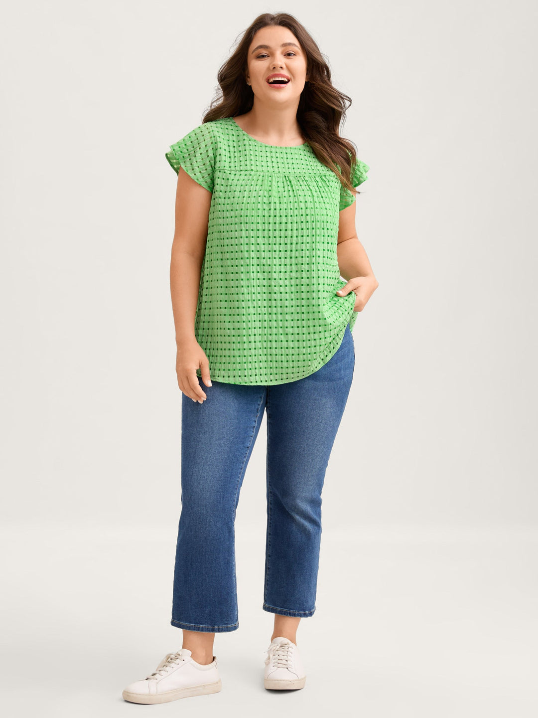 Textured Sheer Lined Flutter Sleeve Blouse