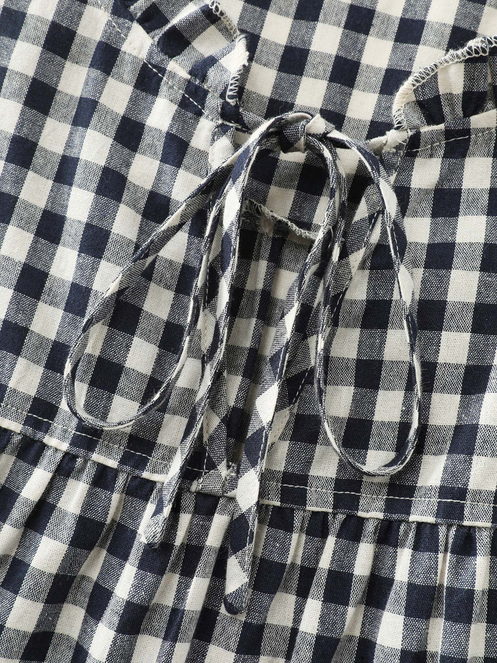 Checkered Drawstring Neckline Blouse