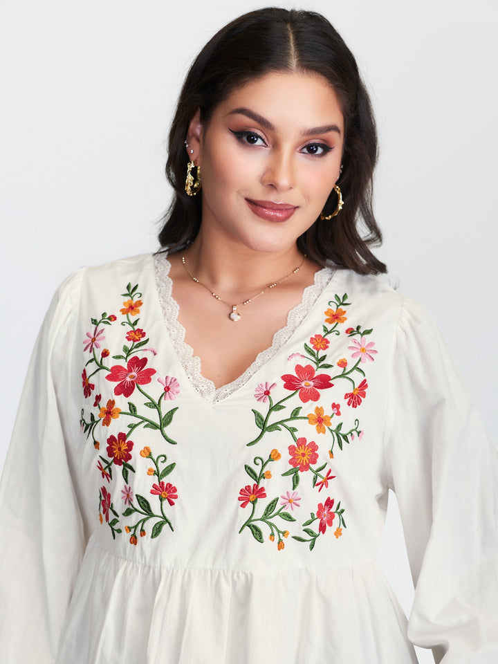 Floral Embroidered Lace Cinched Flared Blouse