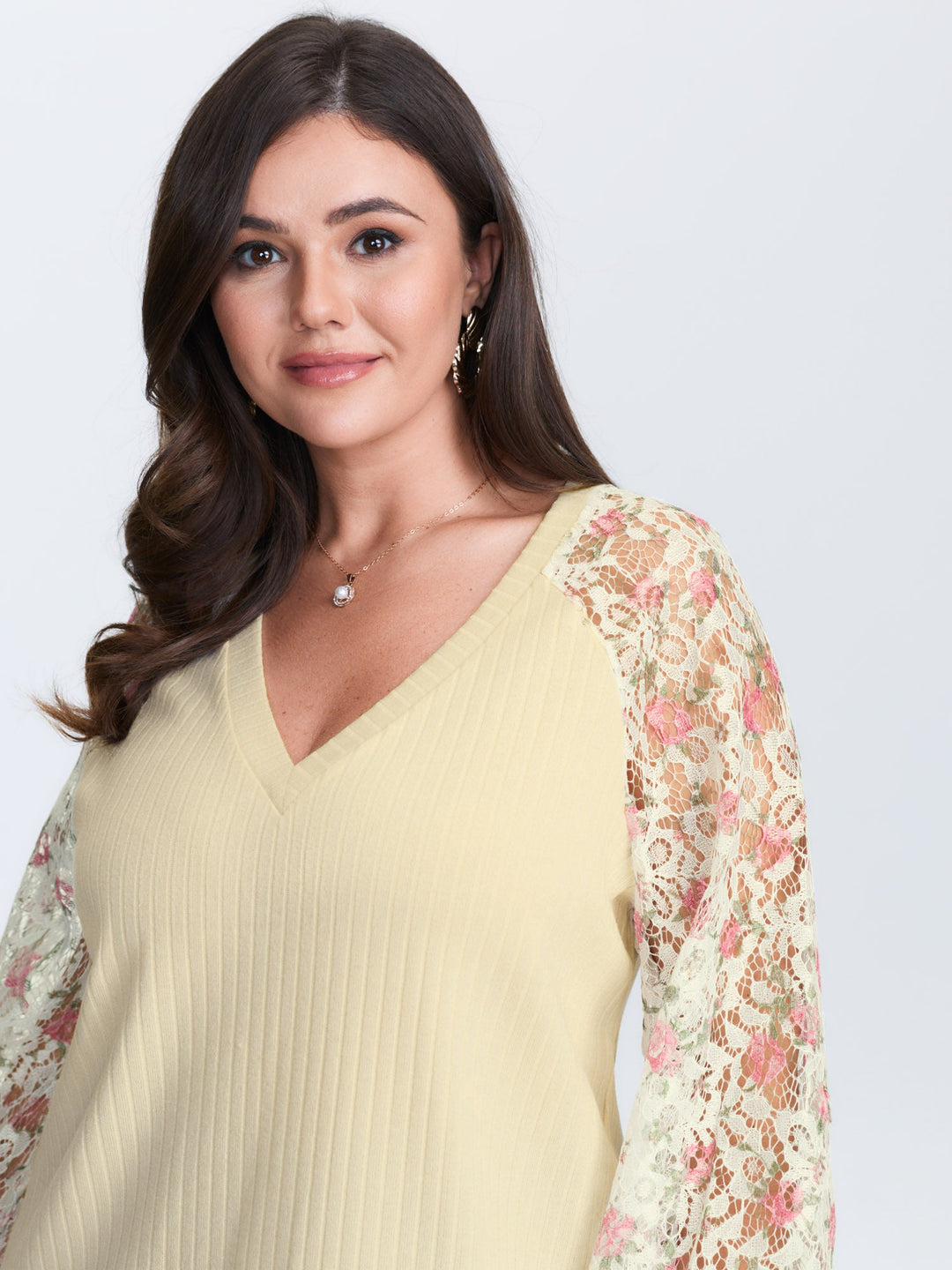 Floral Lace V-Neck Spliced Sweatshirt
