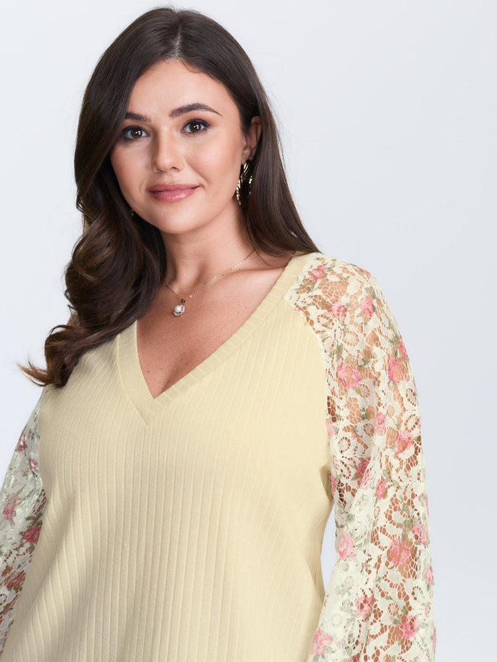 Floral Lace V-Neck Spliced Sweatshirt