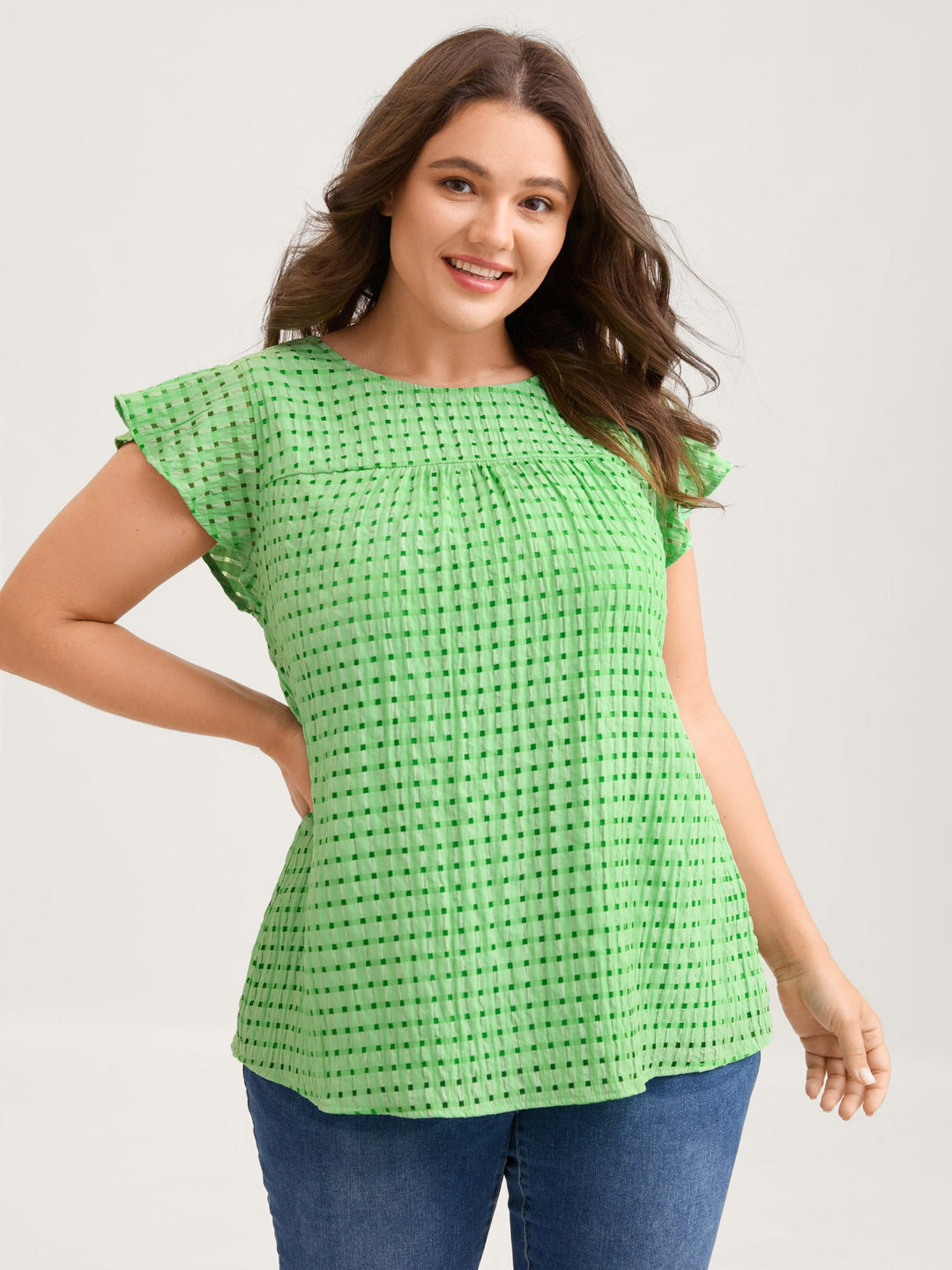 Textured Sheer Lined Flutter Sleeve Blouse