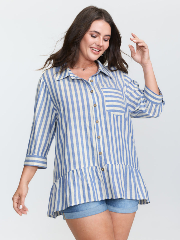 Striped Ruffled Hem Button-Down Top
