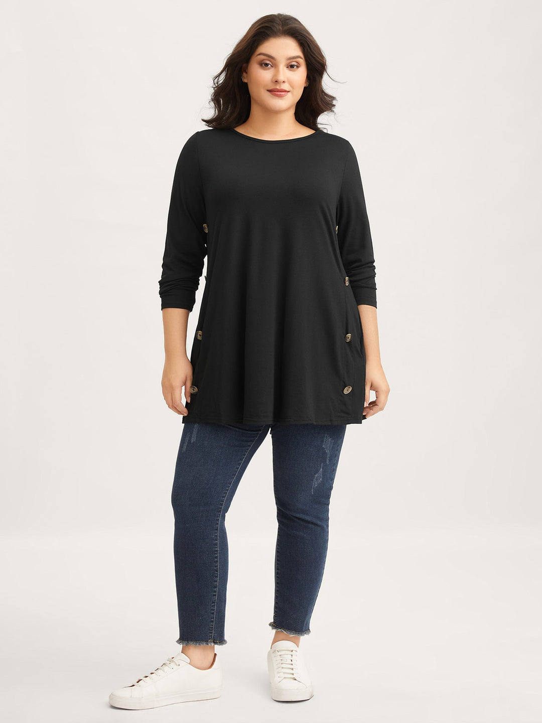 Round Neck Button Slim-Fit Knit Top