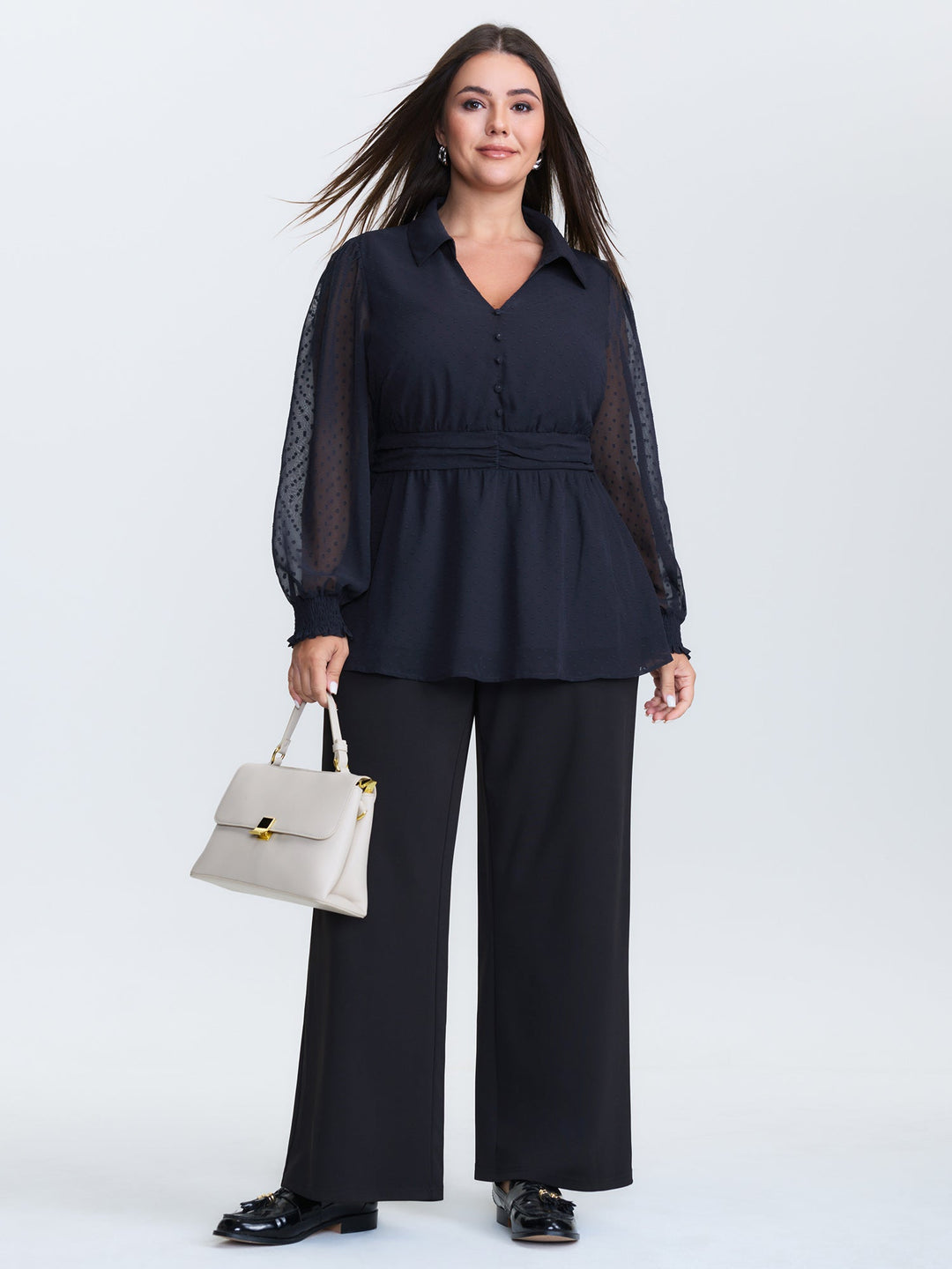 Textured Polka Dots Shirred Sheer Blouse