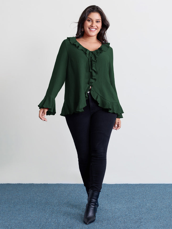 Ruffled V-Neck Curvy Edge Blouse