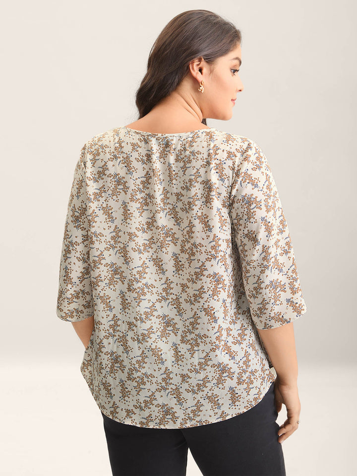 Floral Print Curvy Hem V-Neck Shirt