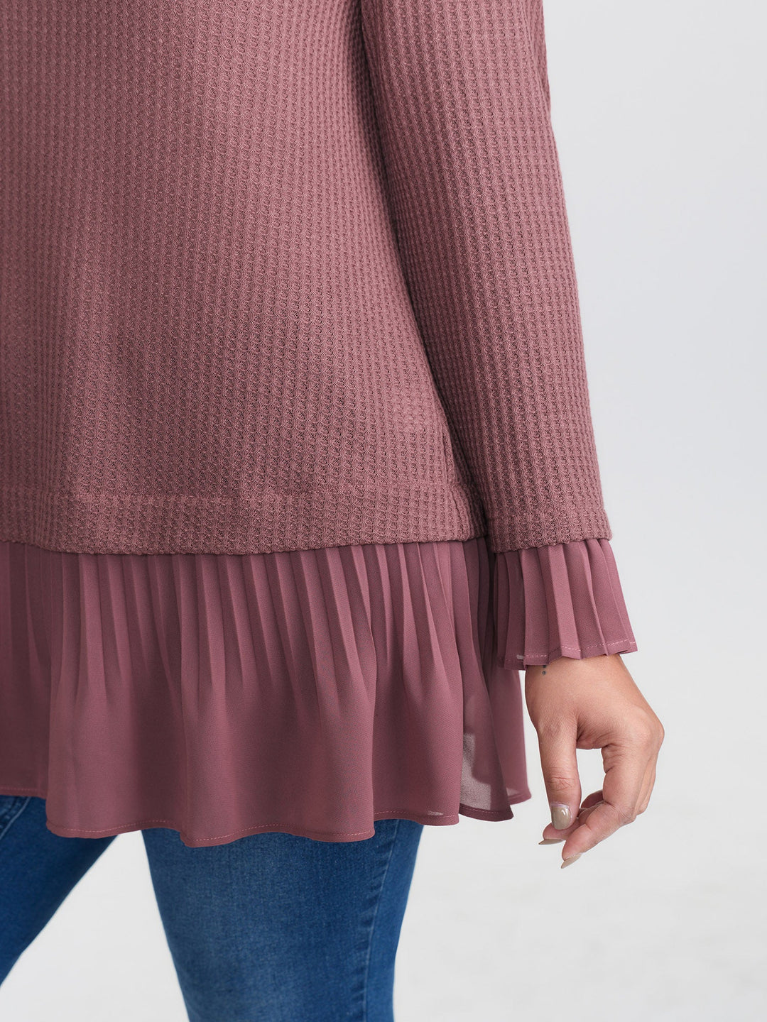 Waffle Chiffon Hem Crew Neck Top