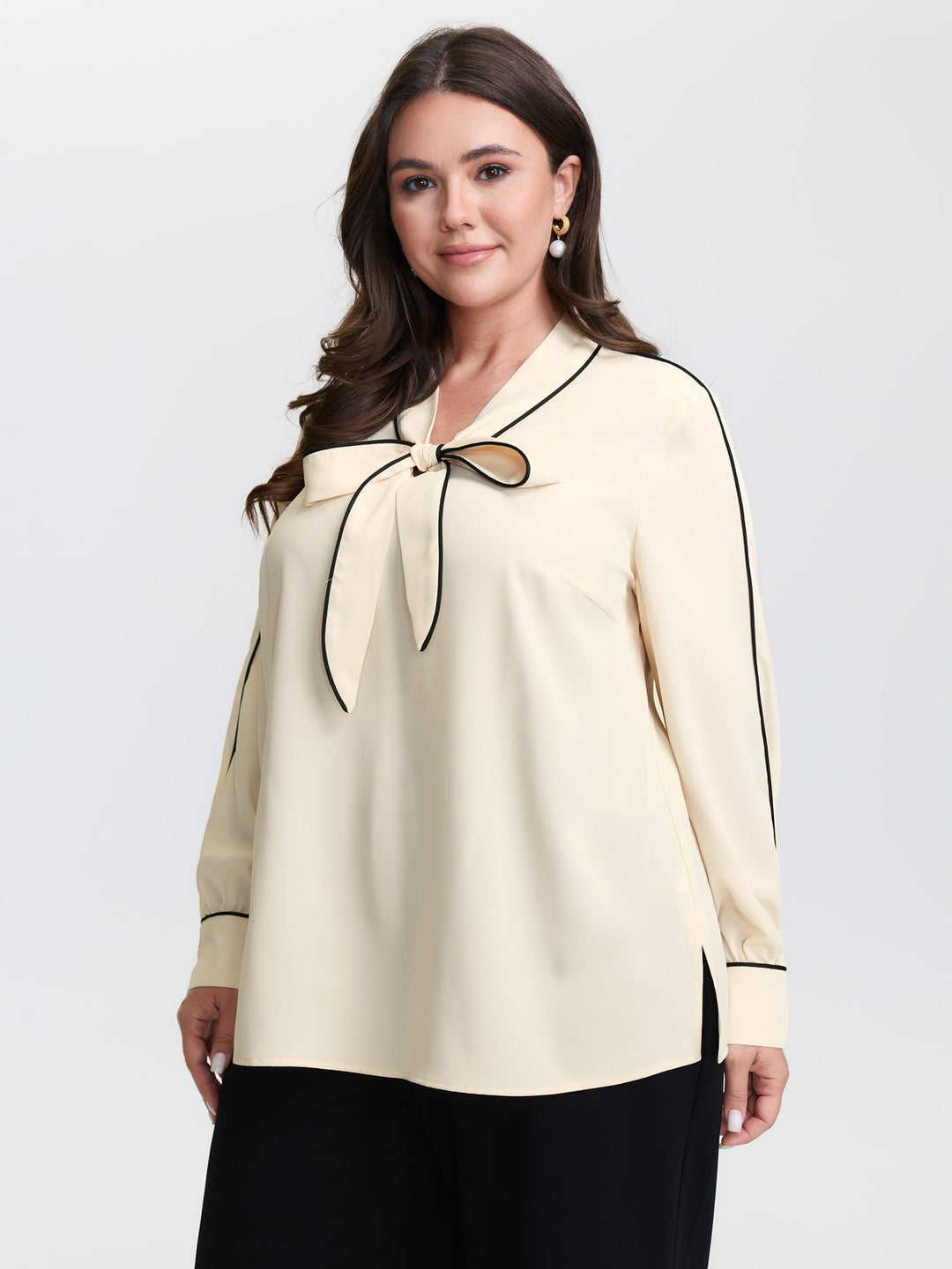 Bowknot Neckline Color Contrast Blouse