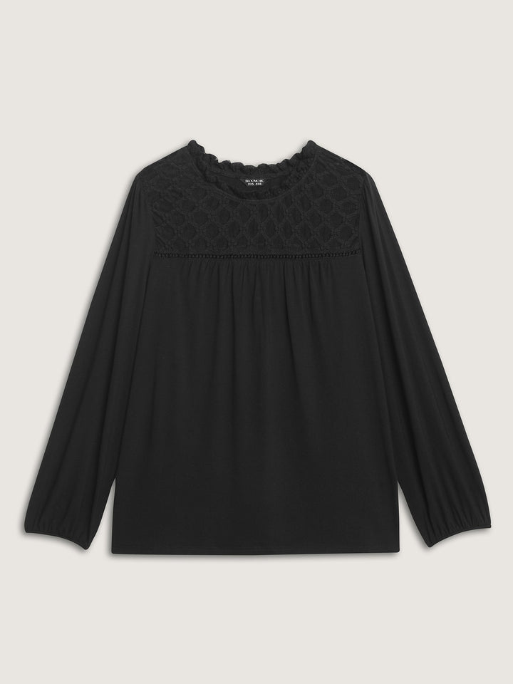 Checkered Mesh Ruffled Neckline Knit Top