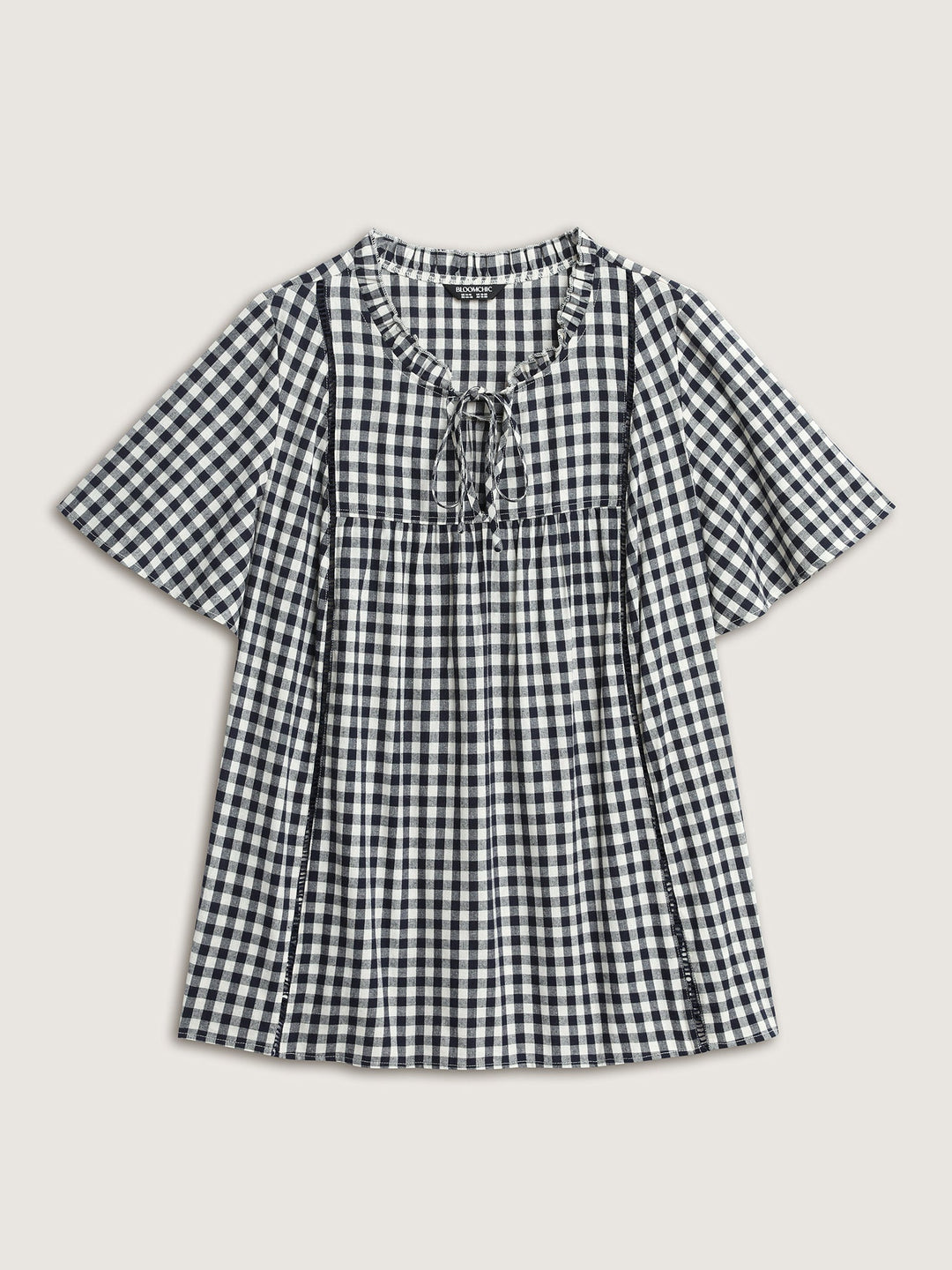 Checkered Drawstring Neckline Blouse