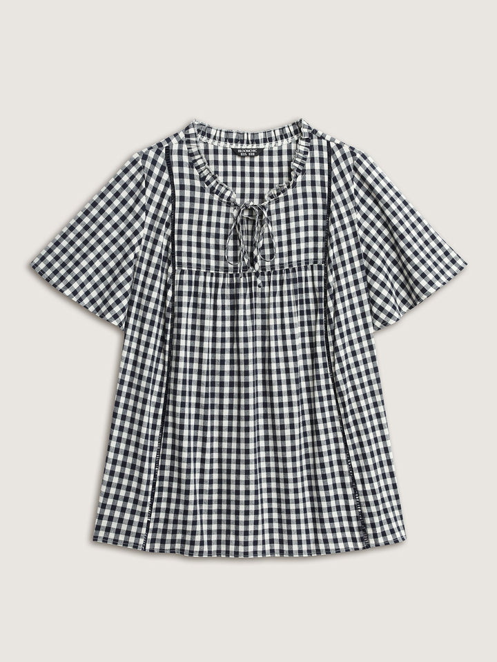 Checkered Drawstring Neckline Blouse