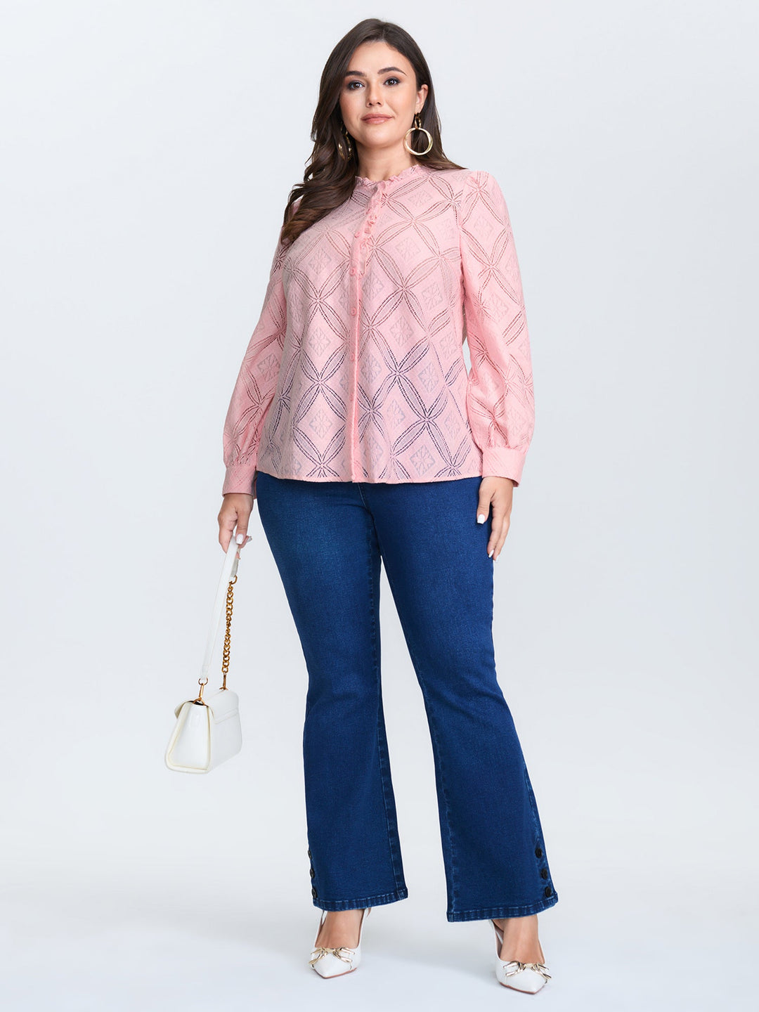 Geometric Texture Lace Trim Blouse