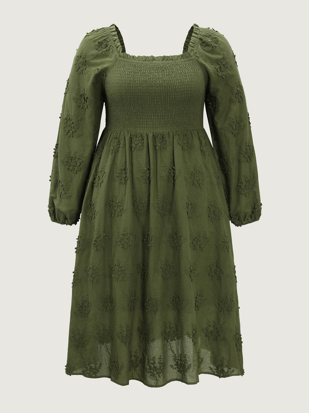 Textured Embroidery Shirred Square Neckline Midi Dress